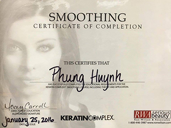 Keratin Complex Smoothing Certificate of Completion awarded to Phung Huynh, January 25, 2016