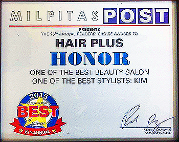Milpitas Post Readers’ Choice Award presented to Hair Plus — one of the best beauty salons, and one of the best stylists: Kim